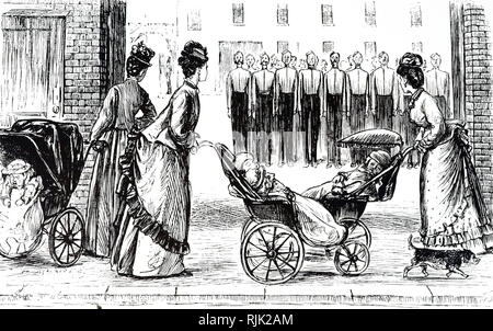 Una incisione raffigurante nursemaids wheeling bambini in perambulations. Illustrato da George du Maurier (1834-1896) un fumettista franco-britannica e l'autore. Datata del XIX secolo Foto Stock