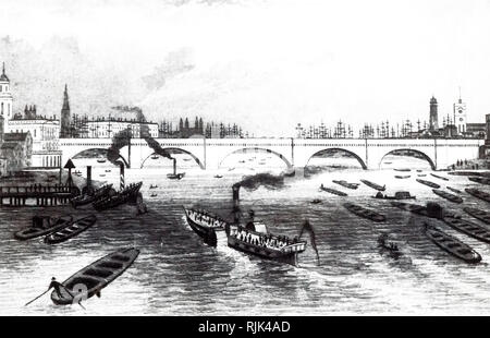 Una incisione raffigurante una vista del Ponte di Londra, che mostra il traffico della chiatte e battelli a ruota sul Fiume Tamigi. Datata del XIX secolo Foto Stock