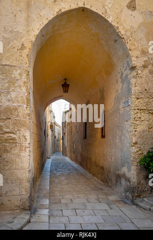 Arco e strada stretta nella città silenziosa di Mdina, Malta Foto Stock