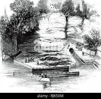 Incisione raffigurante il bacino di Worsley su Bridgewater Canal da Worsley a Manchester, costruito da James Danielle. James Danielle (1716-1772) un ingegnere inglese. Datata del XIX secolo Foto Stock