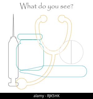 Trova gli oggetti nascosti sulle immagini, medicina tema - pillola, stetoscopio, siringa, termometro, scadente, set di contorno, divertente gioco di istruzione per i bambini, presc Illustrazione Vettoriale