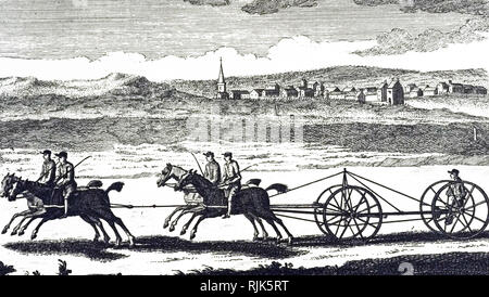 Xilografia incisione raffigurante quattro cavalieri tirando l'assale di un carrello, come essi passano un piccolo villaggio inglese. Datata del XIX secolo Foto Stock