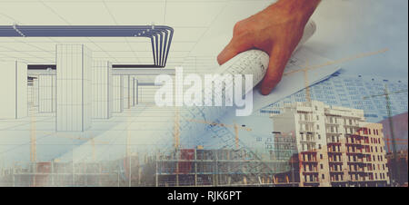 Gru, edifici e costruzione Concept.Architect e Blueprint background Foto Stock