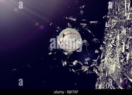Palla da baseball in movimento rompendo il vetro .nozione di azione e di forza in sport di squadra. Il concetto di sport dello sfondo. Baseball.3d illustrazione Foto Stock
