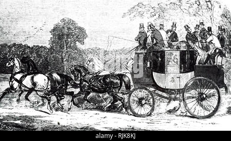 Una incisione raffigurante un quattro-in-canto una carrozza trainata da un attacco di quattro cavalli avente le linee truccate in modo tale che un singolo driver può guidare. Datata del XIX secolo Foto Stock