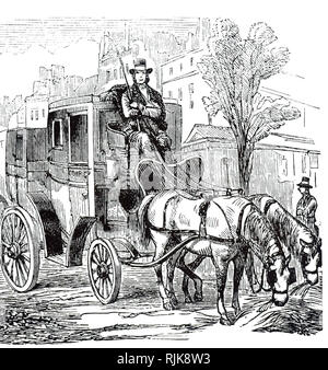 Una incisione raffigurante un Fiacre, una forma di un allenatore di Hackney, a cavallo a quattro ruote carrello per noleggio. Datata del XIX secolo Foto Stock