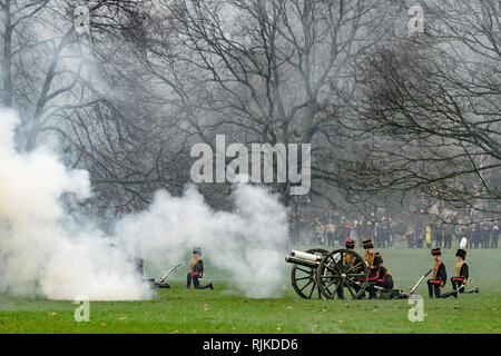 Londra, Regno Unito. 6 febbraio 2019. Pistola 41 Salute nel parco verde dal re della truppa cavallo Royal Artillery segnando il sessantasettesimo anniversario della HM Regina della adesione al trono Credito: Guy Corbishley/Alamy Live News Foto Stock