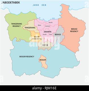 Mappa vettoriale della megacity indonesiano (area urbana) Jabodetabek Illustrazione Vettoriale