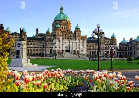 Storici British Columbia Provincial del palazzo del parlamento con la molla tulipani, Victoria, BC, Canada Foto Stock