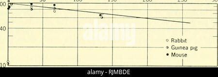 . Gli aspetti fondamentali degli effetti delle radiazioni su sistemi viventi. Radiazione -- effetto fisiologico. HEMOCONCENTRA TION 417 approssima la risposta dei leucociti normali del topo, cavia, e coniglio. La riduzione del conteggio bianco in policitemia è anche vicino ad un valore di 0,3-0,6 per cento la variazione per roentgen. Alcuni dei 100 50 dose accumulata, r 100 150 200 250 300. (A) bianco-conteggio cellulare, esposizione ai raggi x 100 40 10 100 40 10 *- "- ^ - L " o - - •o - - - *" Guinea Pig • Mouse o coniglio 1 (b), il conteggio dei linfociti, esposizione ai raggi x ^^5 = ^^^    - ^^^^^v ^^^^^- ;; - - llk^^ ^1 f - - ::   i k Foto Stock