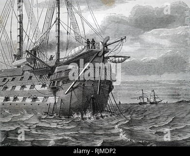 Illustrazione che mostra il dispositivo HMS AGAMENNONE recante la Atlantic Telegraph cavo durante il primo tentativo nel 1858. Foto Stock