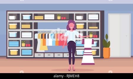Donna fashion boutique holding proprietario ragazza abito di imprenditore nel suo grande negozio abbigliamento femminile shopping mall interno personaggio dei fumetti a piena lunghezza flat Illustrazione Vettoriale