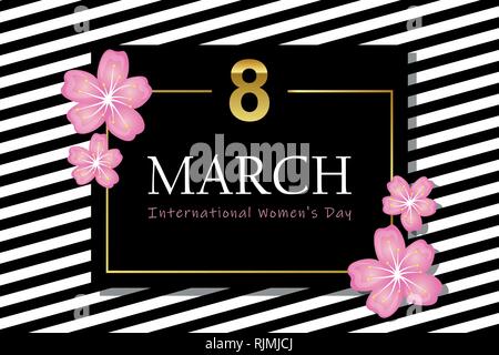 8 marzo internazionale womans giorno in bianco e nero a strisce card con la fioritura dei ciliegi illustrazione vettoriale EPS10 Illustrazione Vettoriale