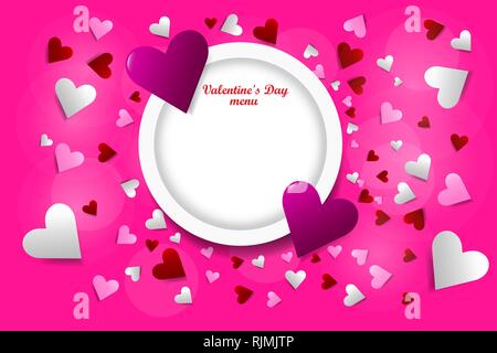 Il giorno di San Valentino menu vettore di concetto che mostra due Cuori rosa sulla piastra a vuoto pronto per il tuo testo. Molti piccoli cuori sono intorno a loro. Illustrazione Vettoriale