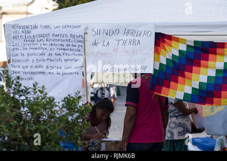 Wichis persone nella piazza principale di Salta Argentina protesta per le popolazioni indigene il diritto all'istruzione nella lingua Wichi Foto Stock