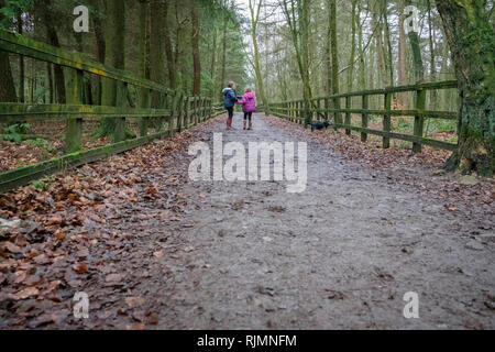 Due ragazze camminare in St Ives Estate in Bingley, Bradford, West Yorkshire. Foto Stock