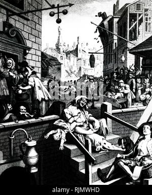 Inciso un incisione "Gin Lane' da William Hogarth (1697-1764), che mostra i mali della sfrenata di bere alcolici. Bere allegerito le miserie della povertà, ma è peggiorata piuttosto che migliorata la miseria. Foto Stock