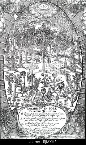 Una incisione raffigurante il titolo pagina di Giovanni il morbo di Parkinson, 'Sole Paradisus Terrestris', London, 1629; raffiguranti Adamo ed Eva nel giardino di Eden frutta raccolta Foto Stock