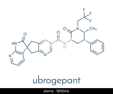 Ubrogepant emicrania molecola di farmaco (CGRP antagonista del recettore). Formula di scheletro. Illustrazione Vettoriale
