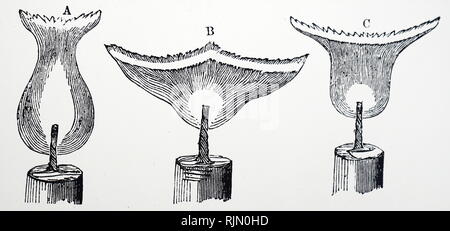 Illustrazione che mostra la gabbia di Faraday e Bancalari la dimostrazione dell'influenza del magnetismo sulla fiamma di una candela, urtando il risultato di collocare il magnete in diverse posizioni: A. candela tra asse magnetico C. fiamma sollevata al di sopra dell'asse magnetico B. fiamma § sopra asse magnetico. 1862 Foto Stock