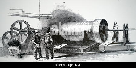 Illustrazione che mostra la foratura del cilindro per la pressa idraulica (sollevamento) utilizzato per sollevare le sezioni prefabbricate della Britannia tubolare di ponte sopra il Menai Straits, Galles. 1851 Foto Stock
