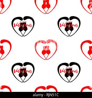 Romantico seamless pattern con cuori e gattini. Lettering felice il giorno di San Valentino Illustrazione Vettoriale