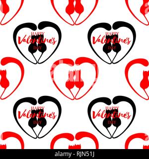 Romantico seamless pattern con cuori e gattini. Lettering felice il giorno di San Valentino Illustrazione Vettoriale