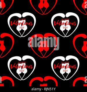 Romantico seamless pattern con cuori e gattini. Lettering felice il giorno di San Valentino Illustrazione Vettoriale