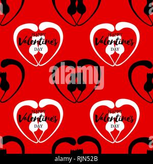 Romantico seamless pattern con cuori e gattini. Lettering felice il giorno di San Valentino Illustrazione Vettoriale