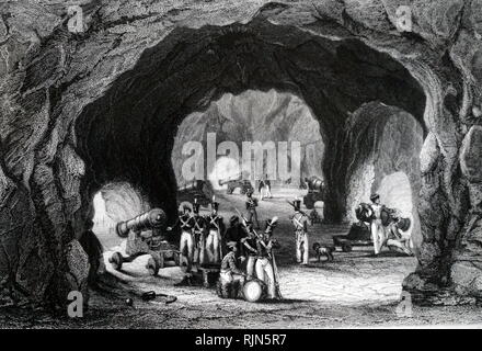 Illustrazione che mostra il St George's Hall, Gibilterra, che faceva parte delle ampie gallerie difensivo tagliata nella roccia, molte delle quali sono state scavate durante il fallito assedio da parte dei Francesi che durò dal 13 settembre 1782 fino al 2 febbraio 1783 Foto Stock