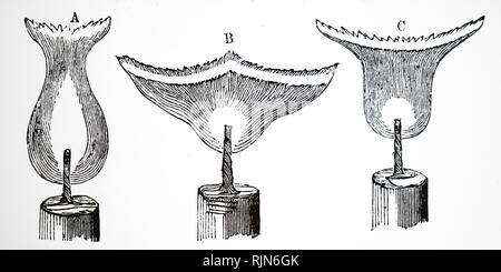 Illustrazione che mostra la gabbia di Faraday e Bancalari la dimostrazione dell'influenza del magnetismo sulla fiamma di una candela, urtando il risultato di collocare il magnete in diverse posizioni: A. candela tra asse magnetico; C. fiamma sollevata al di sopra dell'asse magnetico; B. fiamme sopra asse magnetico. Foto Stock