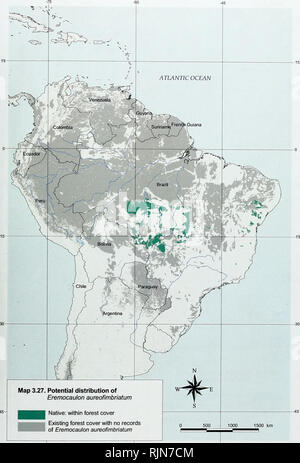 . Il bambù la biodiversità : Africa, del Madagascar e delle Americhe. Bambù; biodiversità; bambù; biodiversità; Bamboe; Rotan; Biodiversiteit; Bambusgewa?chse; bambù; diversità biologica; LA CONSERVAZIONE DELLA NATURA; mappe; Africa; Madagascar; Americhe. La biodiversità di bambù. Mappa 3.27. Distribuzione di potenziale di Eremocaulon aureofimbriatum Native: entro la copertura forestale esistenti di copertura forestale con nessun record di Eremocaulon aureofimbriatum 69. Si prega di notare che queste immagini vengono estratte dalla pagina sottoposta a scansione di immagini che possono essere state migliorate digitalmente per la leggibilità - Colorazione e aspetto di queste illustrazioni Foto Stock