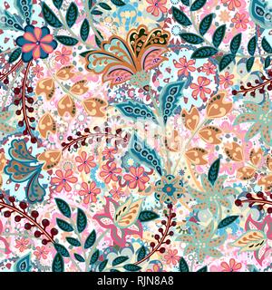 Vector seamless pattern con disegnati a mano hennè mehndi elementi floreali. Bella colorato sfondo infinito Illustrazione Vettoriale