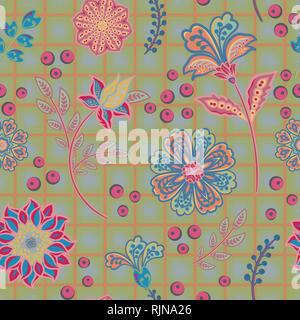 Disegnare a mano giardino fiorito fiori sulla finestra verificare o grid pattern senza giunture. Vettore la sequenza di ripetizione per la moda, fabric e tutte le stampe. Illustrazione Vettoriale
