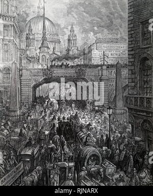 Una incisione raffigurante Ludgate Circus dal fondo di Fleet Street, cercando Ludgate Hill verso St Pauls. Datata del XIX secolo Foto Stock