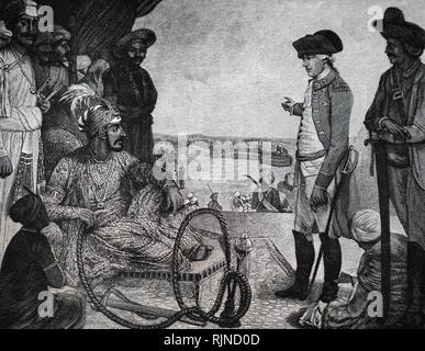 Una xilografia incisione raffigurante un Shah Allum II, Mogul di Hindustan rivedendo la East India Company, le truppe. Datata xviii secolo Foto Stock