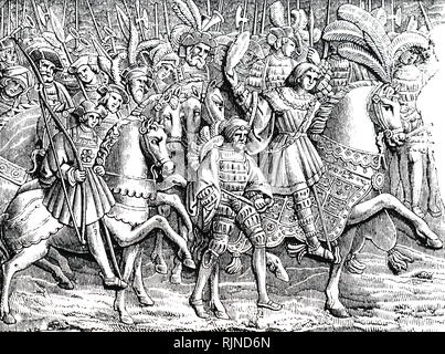 Una incisione raffigurante il re Enrico VIII (1491-1547) e il suo corteo presso il campo del panno di oro dove si è incontrato con Francesco I di Francia. Datata del XIX secolo Foto Stock