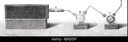 Una incisione raffigurante un'apparecchiatura da laboratorio per la distillazione distruttiva del gas di carbone. Datata del XIX secolo Foto Stock