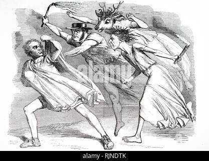 Un cartoon raffiguranti Palmerston (Orestes) perseguito da John Bright (centro) e Benjamin Disraeli. Foto Stock