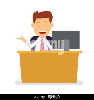 Imprenditore seduti al posto di lavoro con paglierino brillante lampadina per idea imprenditoriale di successo concetto, cartoon design piatto stile. Illustrazione Vettoriale Illustrazione Vettoriale