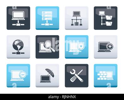 Rete, server e hosting icone su sfondo colorato - vettore icona impostare Illustrazione Vettoriale