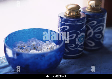 Didascalia: Udaipur, Rajasthan, India - Maggio 2003. Un intestino di fiori blu e vasi di ceramica utilizzata per la memorizzazione di polvere di talco al Banyan Tree spa a Vanya Foto Stock