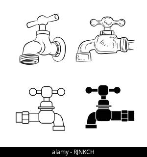 Set di rubinetto di acqua, gocciolamento tocca con la linea icona e disegnati a mano per il web, mobile e infographics. Isolato su sfondo bianco. Illustrazione Vettoriale Illustrazione Vettoriale