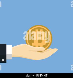 Imprenditore mano azienda medaglia d'oro, per il business, banner web, progettazione di siti, Online bitcoin concetto di pagamento. Illustrazione Vettoriale piana e vettore di stile Illustrazione Vettoriale