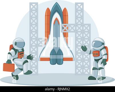 Space Shuttle immagine hero. Veicolo spaziale con motori a razzo isolato su bianco Illustrazione Vettoriale