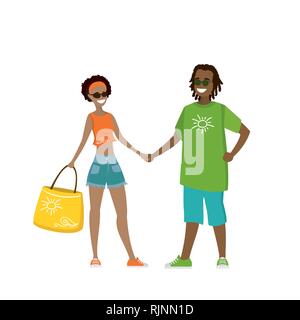 Felice americano africano giovane coppia di persone che si tengono per mano,cartoon carino illustrazione vettoriale Illustrazione Vettoriale