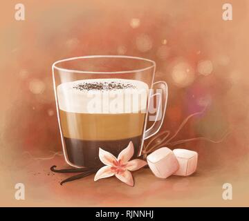 Illustrazione digitale di una tazza di caffè a strati con vaniglia e marshmallows Foto Stock