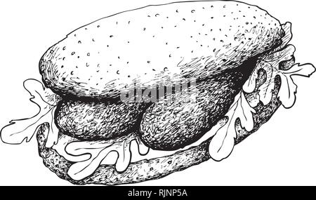 Illustrazione disegnata a mano schizzo di deliziosa casa fresca baguette con salsicce, pomodori, lattuga, cipolla e formaggio isolato su bianco Bac Illustrazione Vettoriale