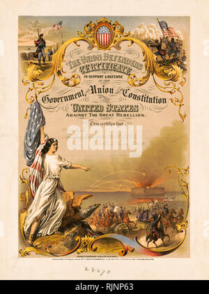 La guerra civile americana arte, certificato di servizio, l'Unione difensori certificato, Max Rosenthal 1865, stampa Foto Stock