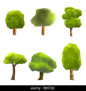 Set di alberi a basso poli stile. Poligonale geometrico illustrazione. Vettore elemento di design. Illustrazione Vettoriale